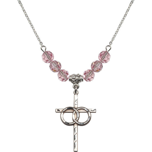 Sterling Silver Wedding Rings Cross Birthstone Necklace with Light Rose Beads - 0671