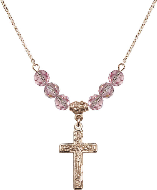 14kt Gold Filled Crucifix Birthstone Necklace with Light Rose Beads - 0673