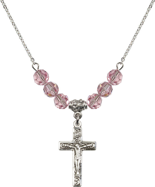 Sterling Silver Crucifix Birthstone Necklace with Light Rose Beads - 0673