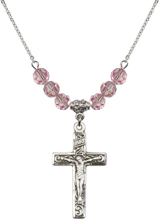 Sterling Silver Crucifix Birthstone Necklace with Light Rose Beads - 0674