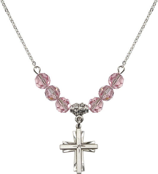 Sterling Silver Cross Birthstone Necklace with Light Rose Beads - 0675