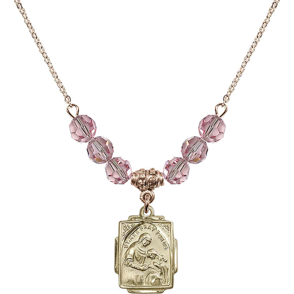 14kt Gold Filled Saint Ann Birthstone Necklace with Light Rose Beads - 0804