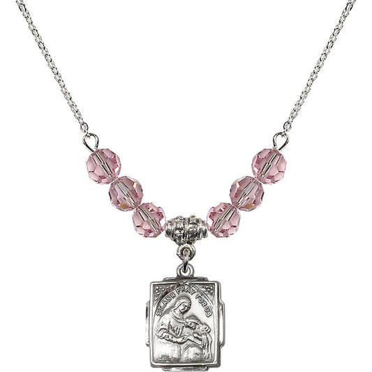 Sterling Silver Saint Ann Birthstone Necklace with Light Rose Beads - 0804