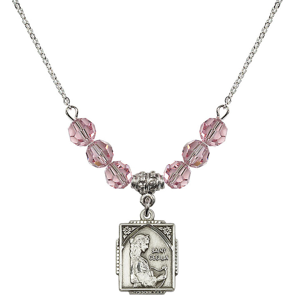 Sterling Silver Saint Cecilia Birthstone Necklace with Light Rose Beads - 0804