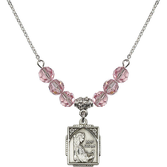 Sterling Silver Saint Cecilia Birthstone Necklace with Light Rose Beads - 0804