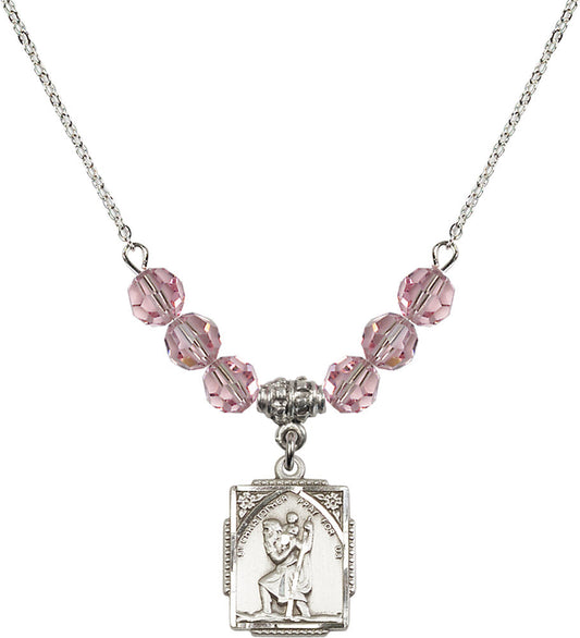 Sterling Silver Saint Christopher Birthstone Necklace with Light Rose Beads - 0804