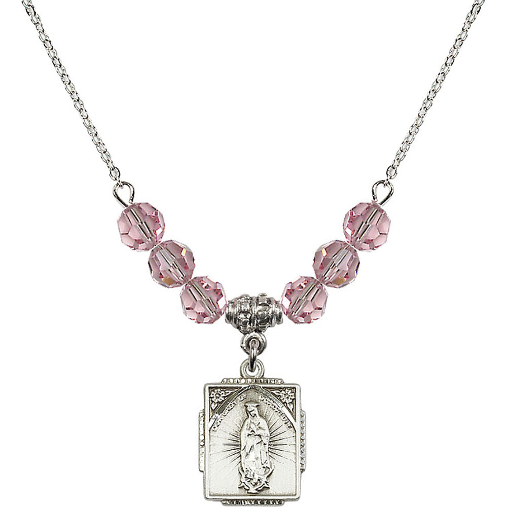 Sterling Silver Our Lady of Guadalupe Birthstone Necklace with Light Rose Beads - 0804
