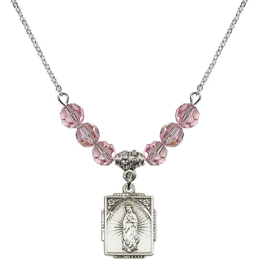 Sterling Silver Our Lady of Guadalupe Birthstone Necklace with Light Rose Beads - 0804