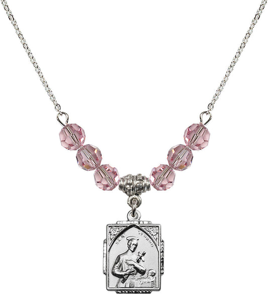 Sterling Silver Saint Gerard Birthstone Necklace with Light Rose Beads - 0804