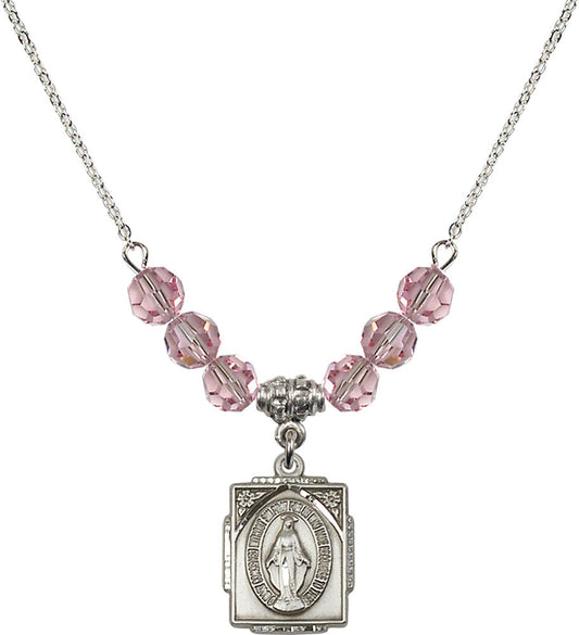 Sterling Silver Miraculous Birthstone Necklace with Light Rose Beads - 0804