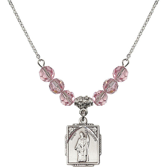 Sterling Silver Saint Patrick Birthstone Necklace with Light Rose Beads - 0804