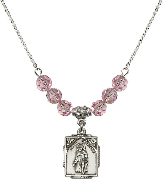 Sterling Silver Saint Peregrine Birthstone Necklace with Light Rose Beads - 0804