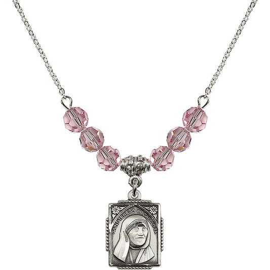 Sterling Silver Saint Teresa of Calcutta Birthstone Necklace with Light Rose Beads - 0804