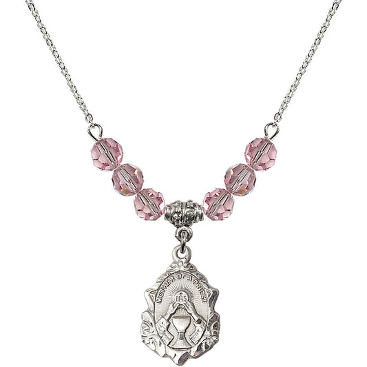Sterling Silver Mother of a Priest Birthstone Necklace with Light Rose Beads - 0811