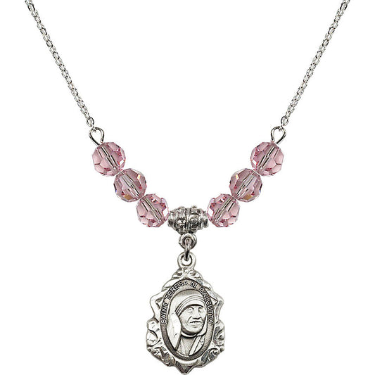Sterling Silver Saint Teresa of Calcutta Birthstone Necklace with Light Rose Beads - 0812