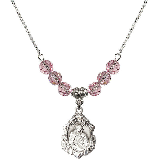 Sterling Silver Saint Ann Birthstone Necklace with Light Rose Beads - 0822