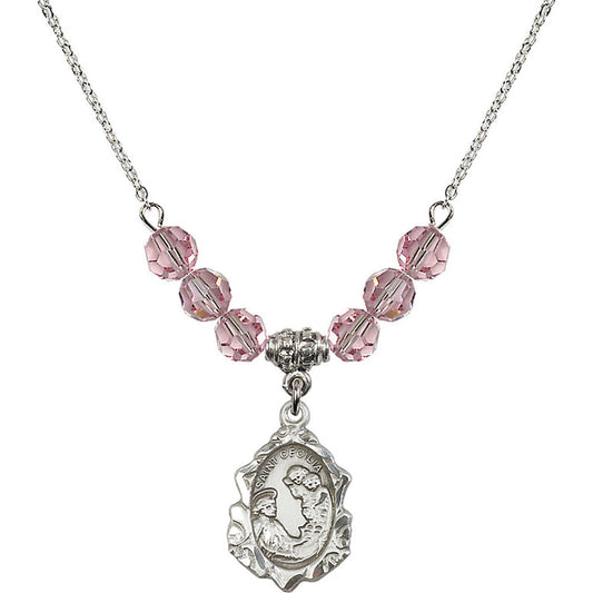Sterling Silver Saint Cecilia Birthstone Necklace with Light Rose Beads - 0822