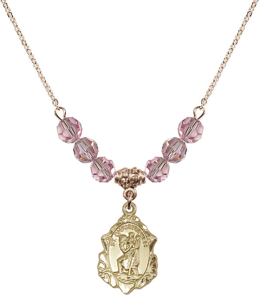 14kt Gold Filled Saint Christopher Birthstone Necklace with Light Rose Beads - 0822