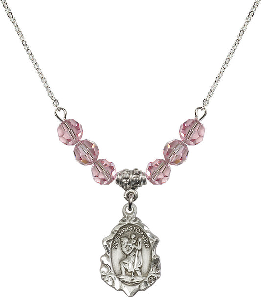 Sterling Silver Saint Christopher Birthstone Necklace with Light Rose Beads - 0822