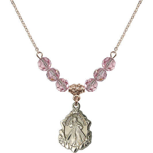 14kt Gold Filled Divine Mercy Birthstone Necklace with Light Rose Beads - 0822