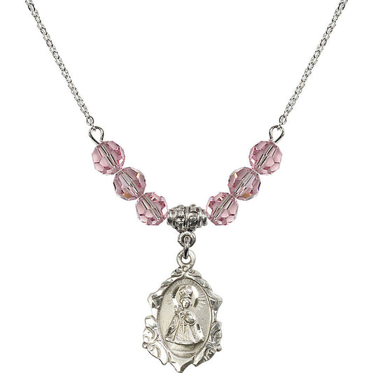 Sterling Silver Infant of Prague Birthstone Necklace with Light Rose Beads - 0822