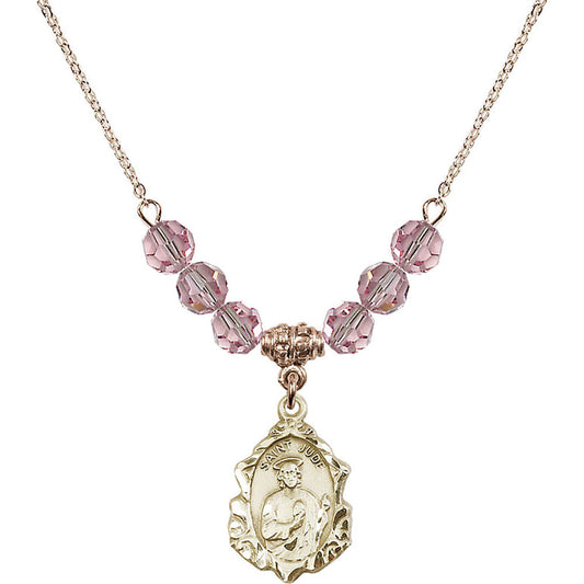 14kt Gold Filled Saint Jude Birthstone Necklace with Light Rose Beads - 0822