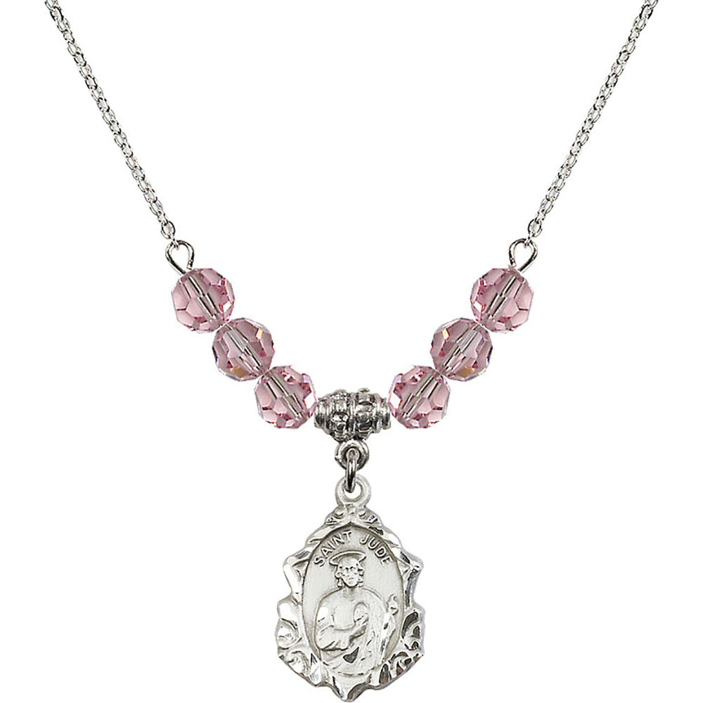 Sterling Silver Saint Jude Birthstone Necklace with Light Rose Beads - 0822