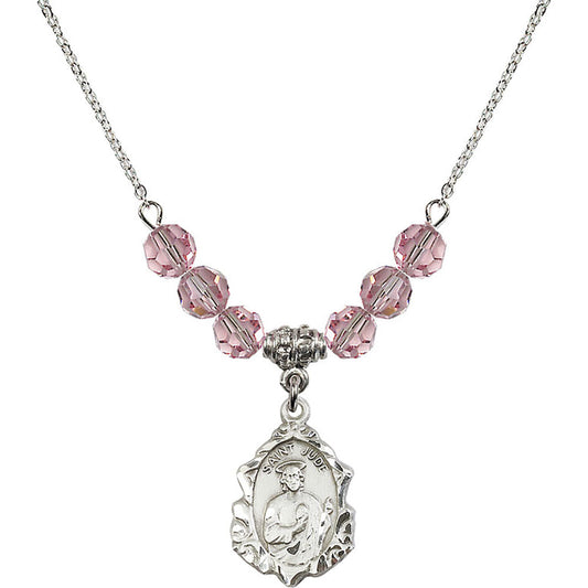 Sterling Silver Saint Jude Birthstone Necklace with Light Rose Beads - 0822