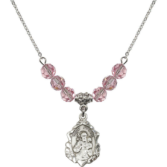 Sterling Silver Saint Joseph Birthstone Necklace with Light Rose Beads - 0822