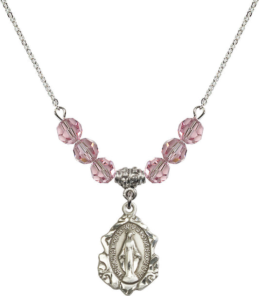 Sterling Silver Miraculous Birthstone Necklace with Light Rose Beads - 0822