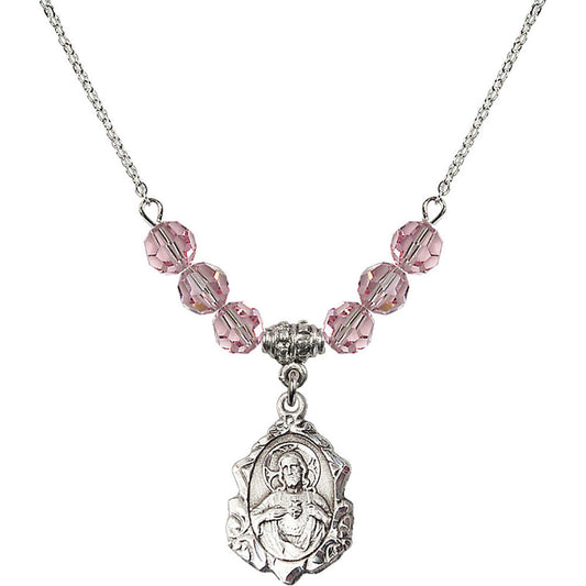 Sterling Silver Scapular Birthstone Necklace with Light Rose Beads - 0822