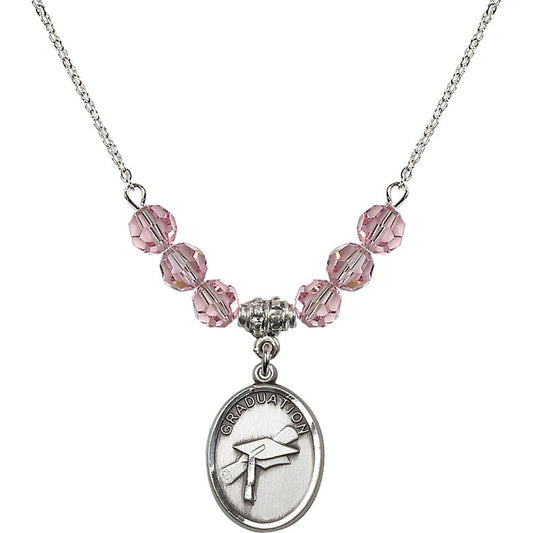 Sterling Silver Graduation Birthstone Necklace with Light Rose Beads - 0872