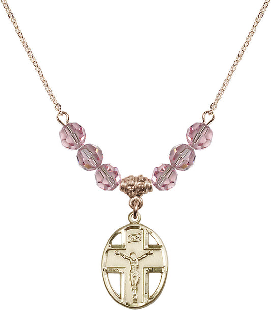 14kt Gold Filled Crucifix Birthstone Necklace with Light Rose Beads - 0878