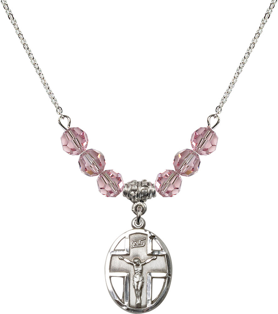 Sterling Silver Crucifix Birthstone Necklace with Light Rose Beads - 0878