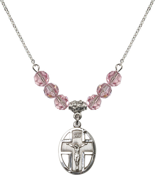 Sterling Silver Crucifix Birthstone Necklace with Light Rose Beads - 0878