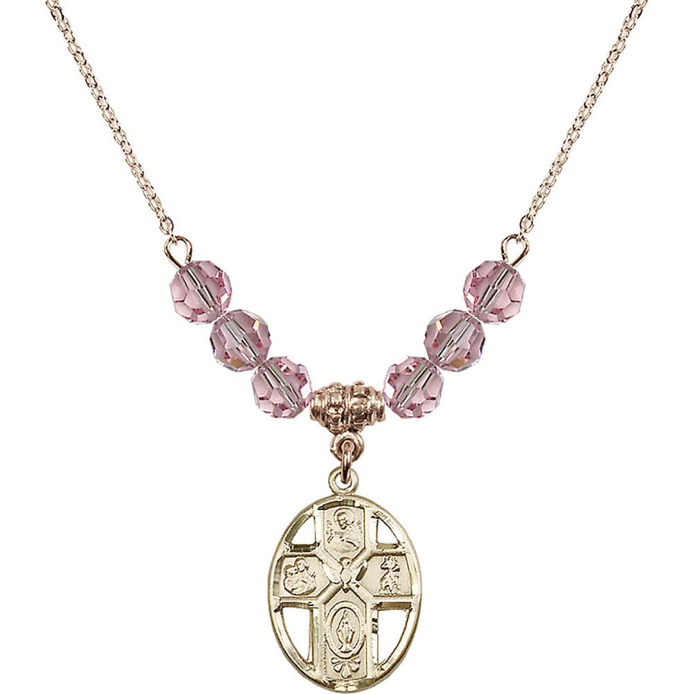 14kt Gold Filled 5-Way / Holy Spirit Birthstone Necklace with Light Rose Beads - 0880