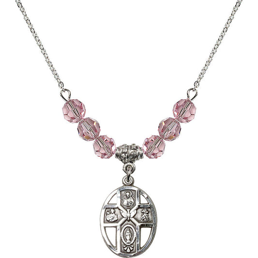Sterling Silver 5-Way / Holy Spirit Birthstone Necklace with Light Rose Beads - 0880