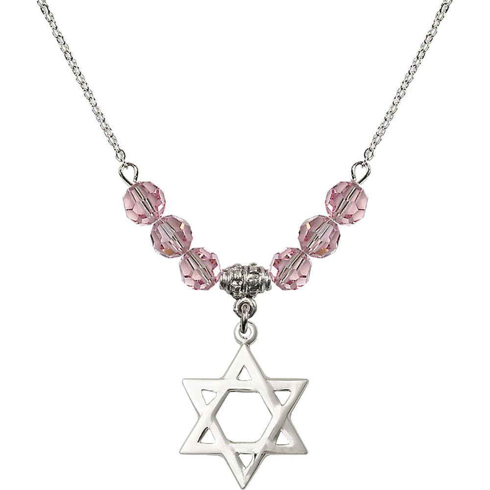 Sterling Silver Star of David Birthstone Necklace with Light Rose Beads - 1210