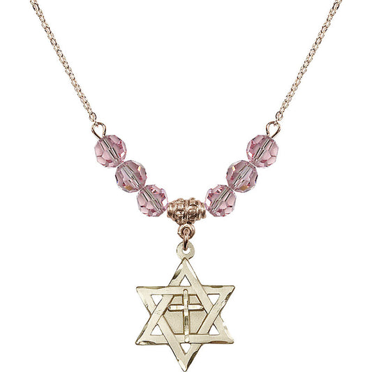 14kt Gold Filled Star of David w/ Cross Birthstone Necklace with Light Rose Beads - 1210