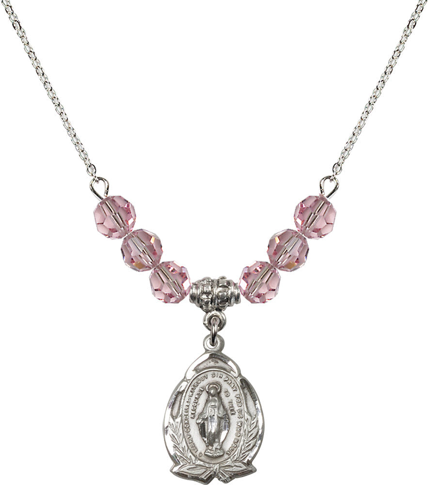 Sterling Silver Miraculous Birthstone Necklace with Light Rose Beads - 1481