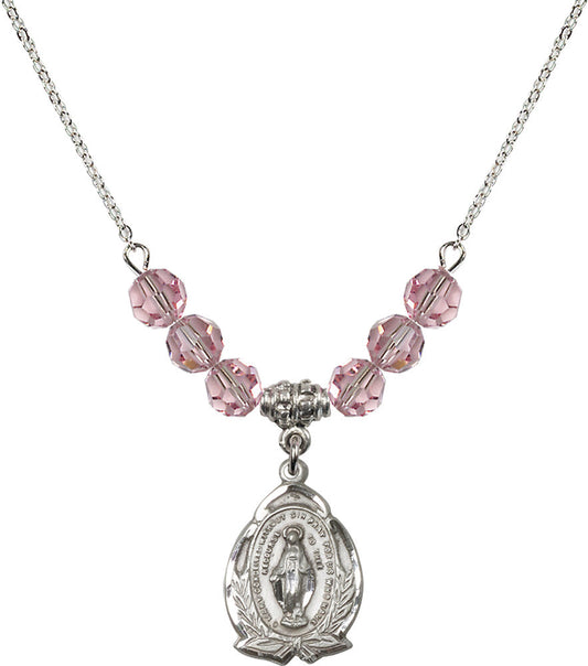 Sterling Silver Miraculous Birthstone Necklace with Light Rose Beads - 1481