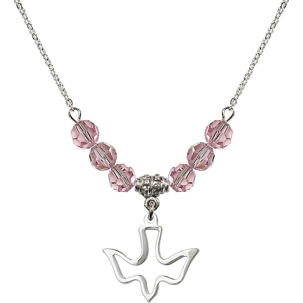 Sterling Silver Holy Spirit Birthstone Necklace with Light Rose Beads - 1510