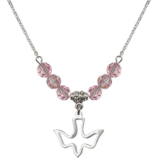 Sterling Silver Holy Spirit Birthstone Necklace with Light Rose Beads - 1510