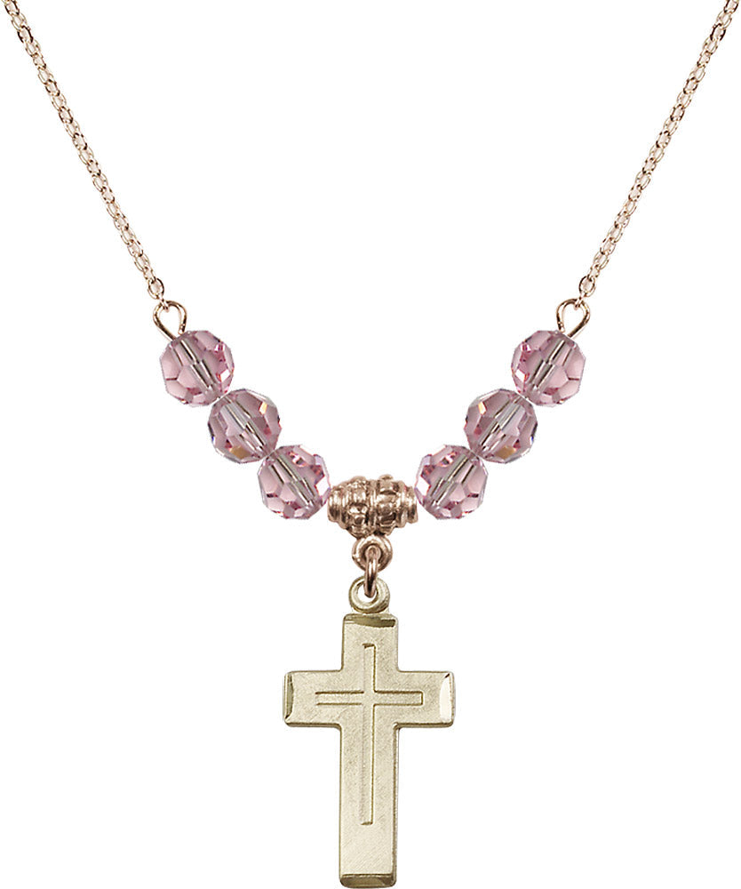14kt Gold Filled Cross Birthstone Necklace with Light Rose Beads - 1529