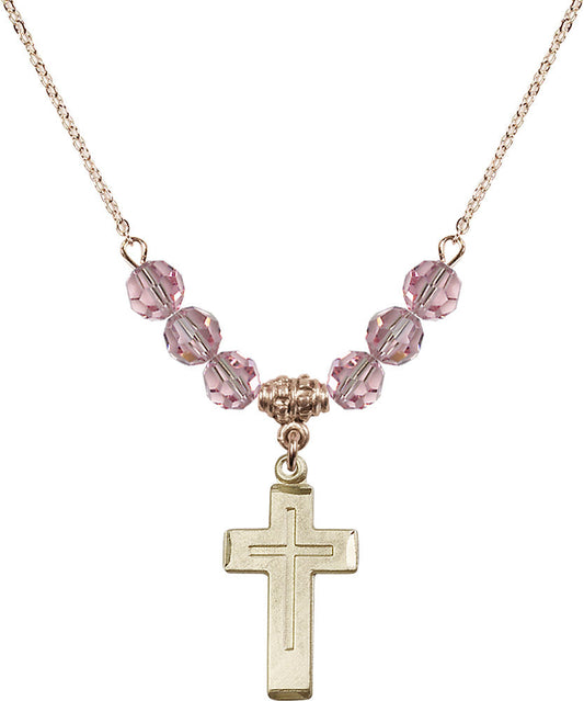 14kt Gold Filled Cross Birthstone Necklace with Light Rose Beads - 1529