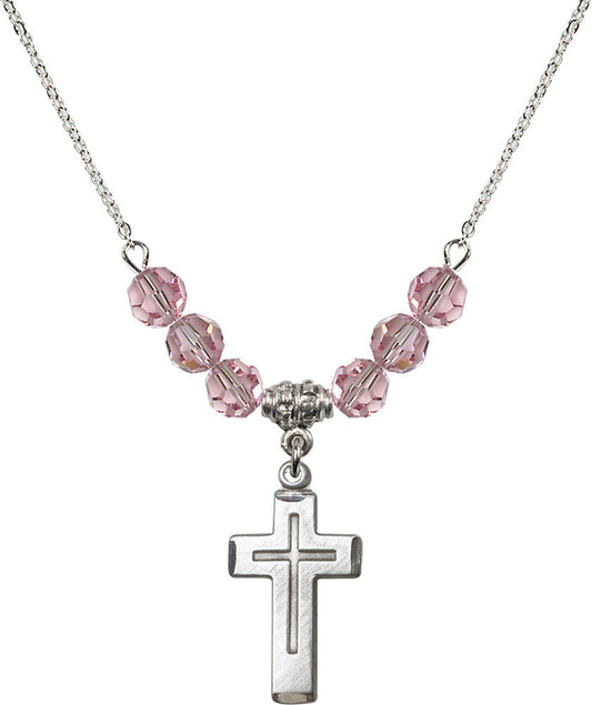 Sterling Silver Cross Birthstone Necklace with Light Rose Beads - 1529