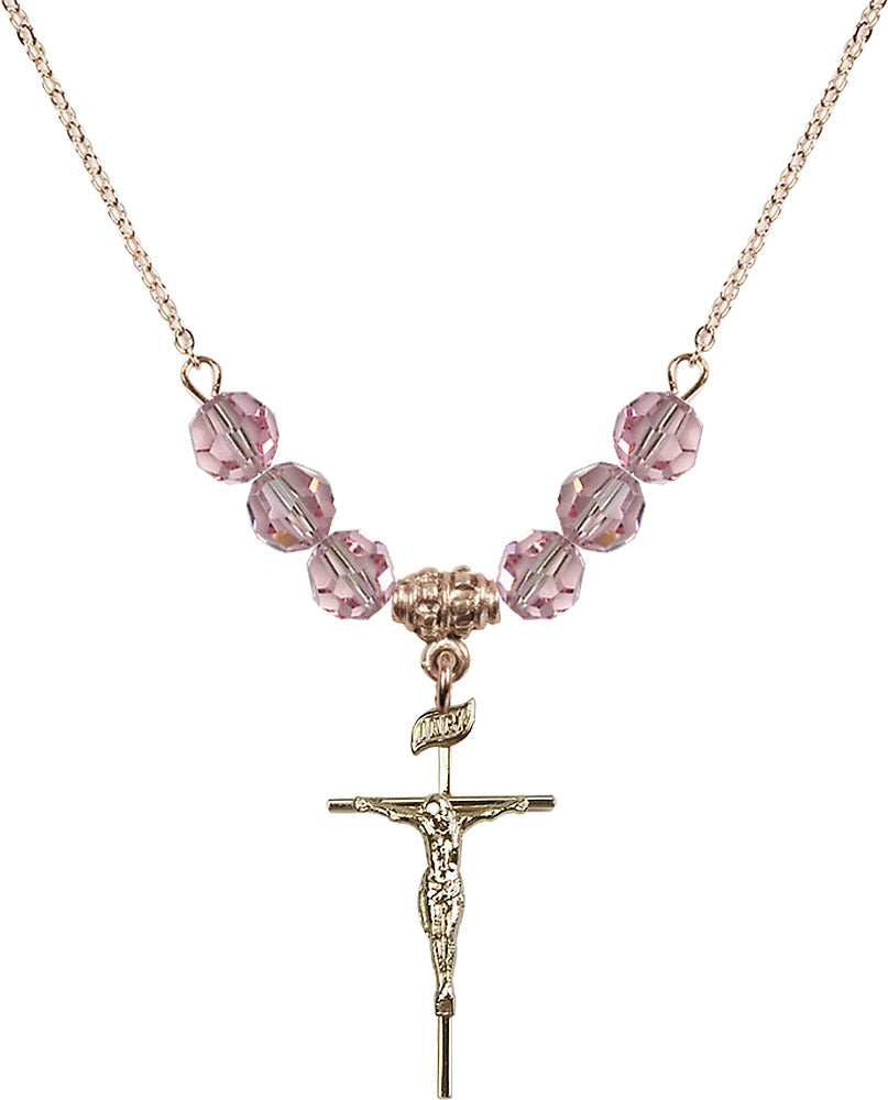 14kt Gold Filled Crucifix Birthstone Necklace with Light Rose Beads - 1535