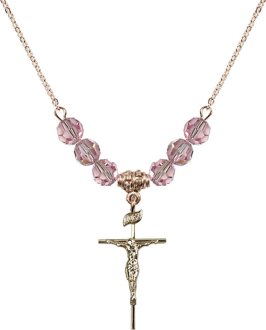 14kt Gold Filled Crucifix Birthstone Necklace with Light Rose Beads - 1535
