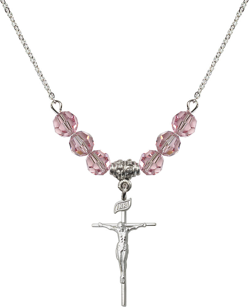 Sterling Silver Crucifix Birthstone Necklace with Light Rose Beads - 1535