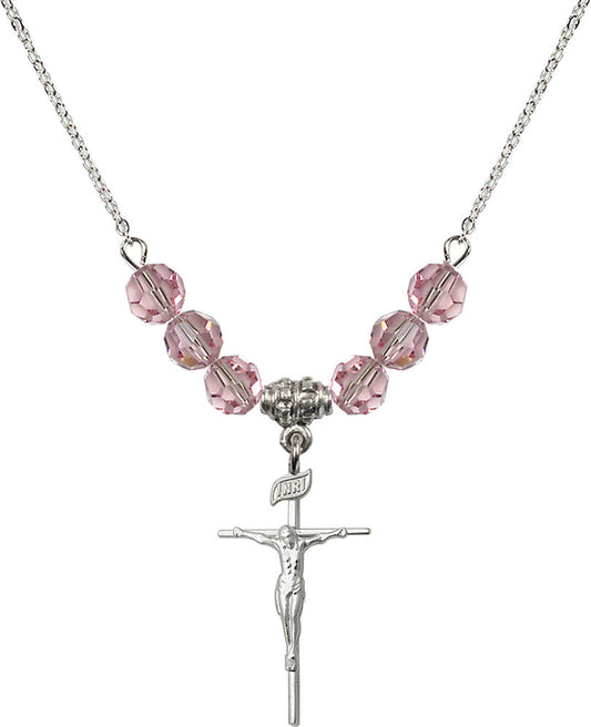 Sterling Silver Crucifix Birthstone Necklace with Light Rose Beads - 1535